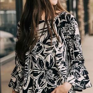 Tropical Floral Top w Bell Sleeves